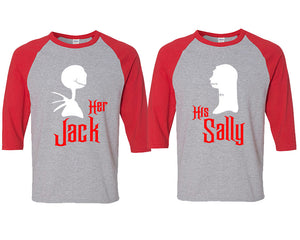 Her Jack and His Sally matching couple baseball shirts.Couple shirts, Red Grey 3/4 sleeve baseball t shirts. Couple matching shirts.