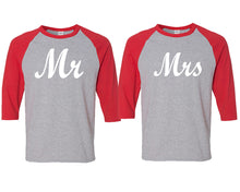 Cargar imagen en el visor de la galería, Mr and Mrs matching couple baseball shirts.Couple shirts, Red Grey 3/4 sleeve baseball t shirts. Couple matching shirts.
