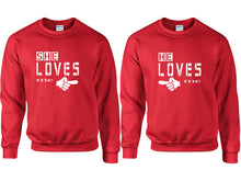 Charger l&#39;image dans la galerie, She Loves Me and He Loves Me couple sweatshirts. Red sweaters for men, sweaters for women. Sweat shirt. Matching sweatshirts for couples
