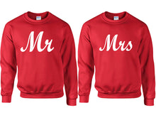 Load image into Gallery viewer, Mr and Mrs couple sweatshirts. Red sweaters for men, sweaters for women. Sweat shirt. Matching sweatshirts for couples
