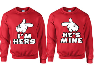 I'm Hers He's Mine couple sweatshirts. Red sweaters for men, sweaters for women. Sweat shirt. Matching sweatshirts for couples