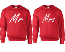 Cargar imagen en el visor de la galería, Mr and Mrs couple sweatshirts. Red sweaters for men, sweaters for women. Sweat shirt. Matching sweatshirts for couples
