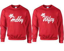 將圖片載入圖庫檢視器 Hubby and Wifey couple sweatshirts. Red sweaters for men, sweaters for women. Sweat shirt. Matching sweatshirts for couples
