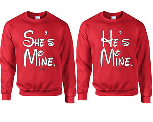 She's Mine He's Mine couple sweatshirts. Red sweaters for men, sweaters for women. Sweat shirt. Matching sweatshirts for couples