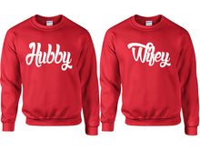 Load image into Gallery viewer, Hubby and Wifey couple sweatshirts. Red sweaters for men, sweaters for women. Sweat shirt. Matching sweatshirts for couples
