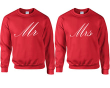 Load image into Gallery viewer, Mr and Mrs couple sweatshirts. Red sweaters for men, sweaters for women. Sweat shirt. Matching sweatshirts for couples
