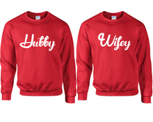 Charger l&#39;image dans la galerie, Hubby and Wifey couple sweatshirts. Red sweaters for men, sweaters for women. Sweat shirt. Matching sweatshirts for couples
