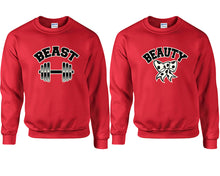 Load image into Gallery viewer, Beast and Beauty couple sweatshirts. Red sweaters for men, sweaters for women. Sweat shirt. Matching sweatshirts for couples
