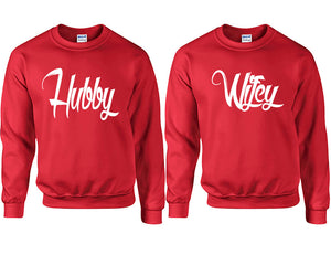 Hubby and Wifey couple sweatshirts. Red sweaters for men, sweaters for women. Sweat shirt. Matching sweatshirts for couples