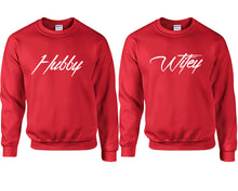 Load image into Gallery viewer, Hubby and Wifey couple sweatshirts. Red sweaters for men, sweaters for women. Sweat shirt. Matching sweatshirts for couples
