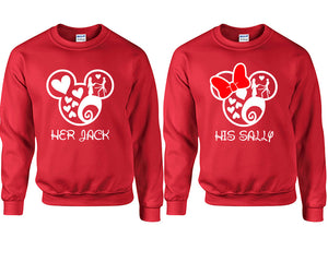 Her Jack and His Sally couple sweatshirts. Red sweaters for men, sweaters for women. Sweat shirt. Matching sweatshirts for couples