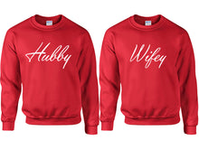 Cargar imagen en el visor de la galería, Hubby and Wifey couple sweatshirts. Red sweaters for men, sweaters for women. Sweat shirt. Matching sweatshirts for couples
