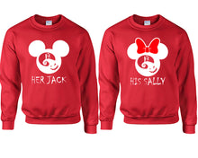 Load image into Gallery viewer, Her Jack and His Sally couple sweatshirts. Red sweaters for men, sweaters for women. Sweat shirt. Matching sweatshirts for couples
