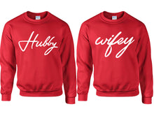 將圖片載入圖庫檢視器 Hubby Wifey couple sweatshirts. Red sweaters for men, sweaters for women. Sweat shirt. Matching sweatshirts for couples

