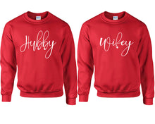 Cargar imagen en el visor de la galería, Hubby and Wifey couple sweatshirts. Red sweaters for men, sweaters for women. Sweat shirt. Matching sweatshirts for couples
