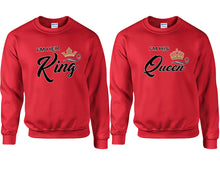 Load image into Gallery viewer, King and Queen couple sweatshirts. Red sweaters for men, sweaters for women. Sweat shirt. Matching sweatshirts for couples
