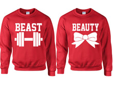 Load image into Gallery viewer, Beast Beauty couple sweatshirts. Red sweaters for men, sweaters for women. Sweat shirt. Matching sweatshirts for couples
