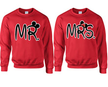 Load image into Gallery viewer, Mr Mrs couple sweatshirts. Red sweaters for men, sweaters for women. Sweat shirt. Matching sweatshirts for couples
