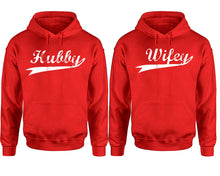 Cargar imagen en el visor de la galería, Hubby Wifey hoodie, Matching couple hoodies, Red pullover hoodies. Couple jogger pants and hoodies set.
