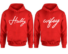 Load image into Gallery viewer, Hubby Wifey hoodie, Matching couple hoodies, Red pullover hoodies. Couple jogger pants and hoodies set.
