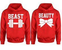 Cargar imagen en el visor de la galería, Beast Beauty hoodie, Matching couple hoodies, Red pullover hoodies. Couple jogger pants and hoodies set.
