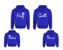 Load image into Gallery viewer, King Queen, Prince and Princess. Matching family outfits. Royal Blue adults, kids pullover hoodie.
