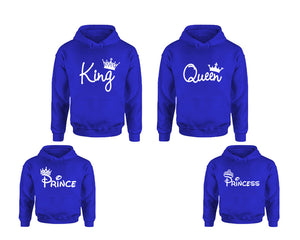 King Queen, Prince and Princess. Matching family outfits. Royal Blue adults, kids pullover hoodie.