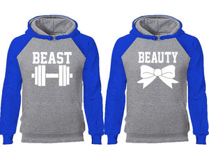 Beast Beauty couple hoodies, raglan hoodie. Royal Blue Grey hoodie mens, Royal Blue Grey red hoodie womens. 