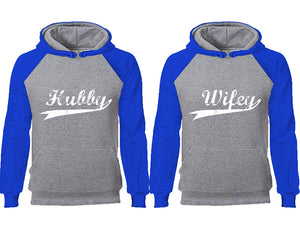 Hubby Wifey couple hoodies, raglan hoodie. Royal Blue Grey hoodie mens, Royal Blue Grey red hoodie womens. 