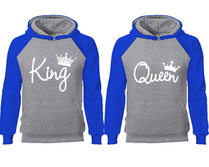 King Queen couple hoodies, raglan hoodie. Royal Blue Grey hoodie mens, Royal Blue Grey red hoodie womens. 