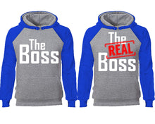 將圖片載入圖庫檢視器 The Boss The Real Boss couple hoodies, raglan hoodie. Royal Blue Grey hoodie mens, Royal Blue Grey red hoodie womens. 
