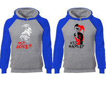 Cargar imagen en el visor de la galería, Her Joker His Harley couple hoodies, raglan hoodie. Royal Blue Grey hoodie mens, Royal Blue Grey red hoodie womens. 
