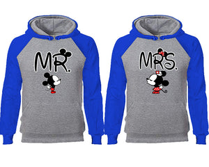 Mr Mrs couple hoodies, raglan hoodie. Royal Blue Grey hoodie mens, Royal Blue Grey red hoodie womens. 