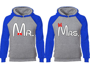 Mr Mrs couple hoodies, raglan hoodie. Royal Blue Grey hoodie mens, Royal Blue Grey red hoodie womens. 