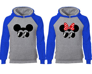 Mickey Minnie couple hoodies, raglan hoodie. Royal Blue Grey hoodie mens, Royal Blue Grey red hoodie womens. 
