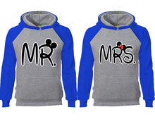 Cargar imagen en el visor de la galería, Mr Mrs couple hoodies, raglan hoodie. Royal Blue Grey hoodie mens, Royal Blue Grey red hoodie womens. 
