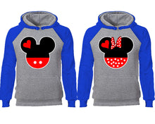 Cargar imagen en el visor de la galería, Mickey Minnie couple hoodies, raglan hoodie. Royal Blue Grey hoodie mens, Royal Blue Grey red hoodie womens. 

