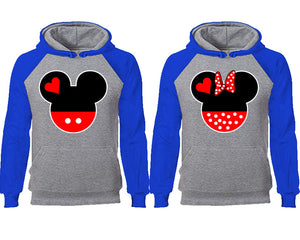 Mickey Minnie couple hoodies, raglan hoodie. Royal Blue Grey hoodie mens, Royal Blue Grey red hoodie womens. 