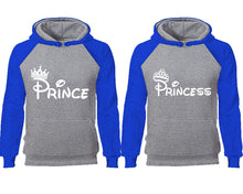 Cargar imagen en el visor de la galería, Prince Princess couple hoodies, raglan hoodie. Royal Blue Grey hoodie mens, Royal Blue Grey red hoodie womens. 
