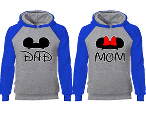 Dad Mom couple hoodies, raglan hoodie. Royal Blue Grey hoodie mens, Royal Blue Grey red hoodie womens. 