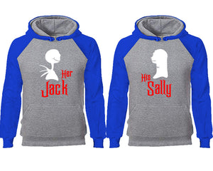 Her Jack His Sally couple hoodies, raglan hoodie. Royal Blue Grey hoodie mens, Royal Blue Grey red hoodie womens. 