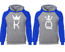 將圖片載入圖庫檢視器 King Queen couple hoodies, raglan hoodie. Royal Blue Grey hoodie mens, Royal Blue Grey red hoodie womens. 
