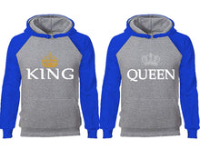Load image into Gallery viewer, King Queen couple hoodies, raglan hoodie. Royal Blue Grey hoodie mens, Royal Blue Grey red hoodie womens. 
