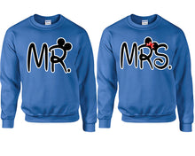 Load image into Gallery viewer, Mr Mrs couple sweatshirts. Royal Blue sweaters for men, sweaters for women. Sweat shirt. Matching sweatshirts for couples
