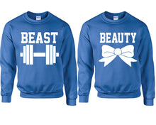 Load image into Gallery viewer, Beast Beauty couple sweatshirts. Royal Blue sweaters for men, sweaters for women. Sweat shirt. Matching sweatshirts for couples
