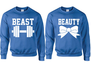 Beast Beauty couple sweatshirts. Royal Blue sweaters for men, sweaters for women. Sweat shirt. Matching sweatshirts for couples