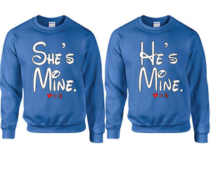 She's Mine He's Mine couple sweatshirts. Royal Blue sweaters for men, sweaters for women. Sweat shirt. Matching sweatshirts for couples