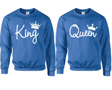 Load image into Gallery viewer, King Queen couple sweatshirts. Royal Blue sweaters for men, sweaters for women. Sweat shirt. Matching sweatshirts for couples
