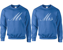 Load image into Gallery viewer, Mr and Mrs couple sweatshirts. Royal Blue sweaters for men, sweaters for women. Sweat shirt. Matching sweatshirts for couples
