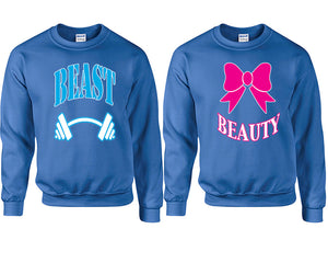 Beast Beauty couple sweatshirts. Royal Blue sweaters for men, sweaters for women. Sweat shirt. Matching sweatshirts for couples